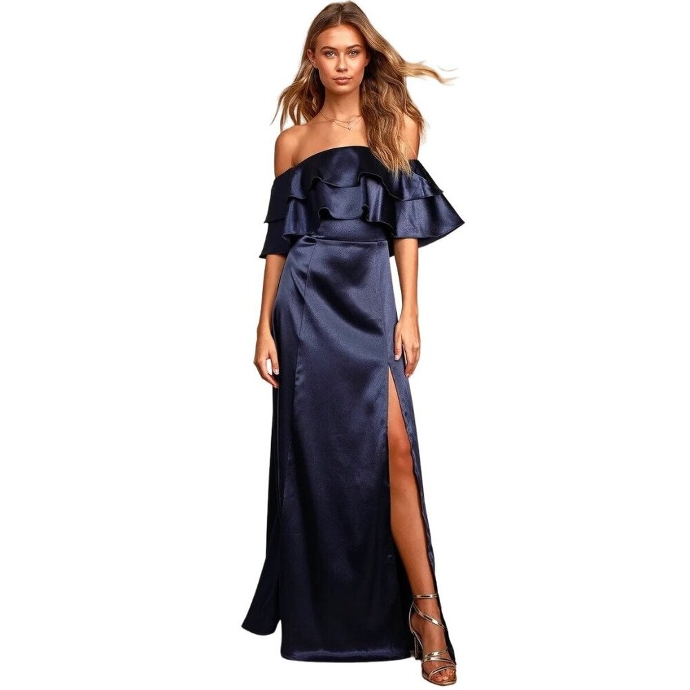 Lulus Pure Happiness Navy Blue Dress Size Small Satin Off-the-Shoulder Long New
